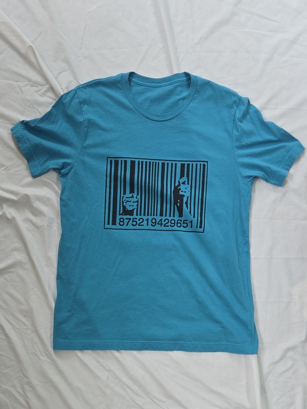 Men's/Unisex Teal/Blue Antiestablishment, Graphic Tshirt, Barcode Prison Drawing